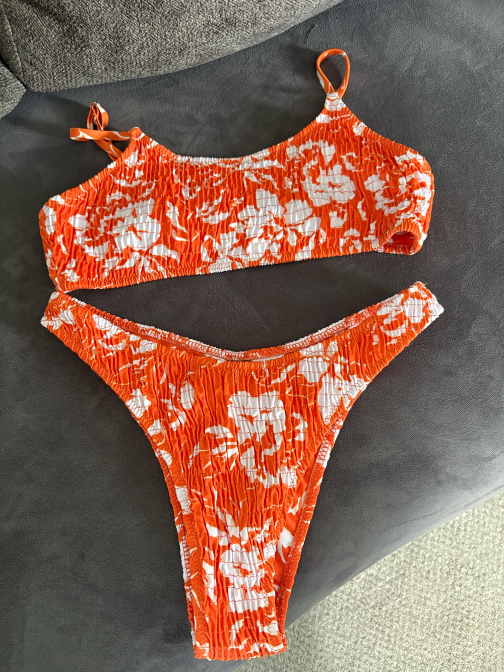 Amazon Orange & White Floral Textured Bikini Set